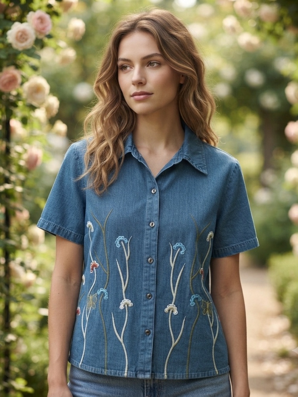 Vintage Karin Stevens Embroidered Denim Shirt 14M or L - Picture 5 of 5